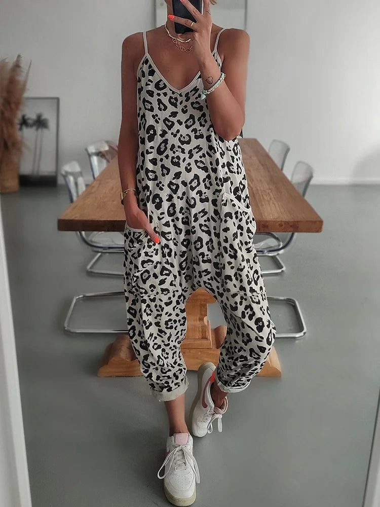 2025 Women Summer Loose Sleeveless Jumpsuits V-Neck Sling Leopard Ladies Casual Jumpsuit. S-xl
