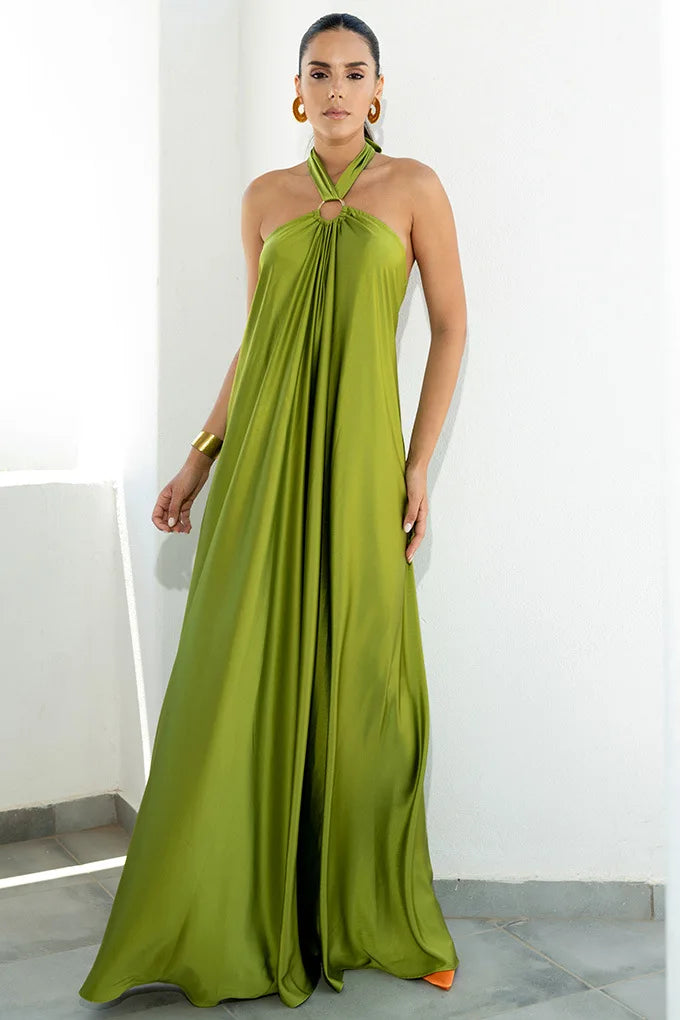Loose Halter Neck Backless Sexy Satin Evening Dress New Fashion Elegant Dress. S-XL