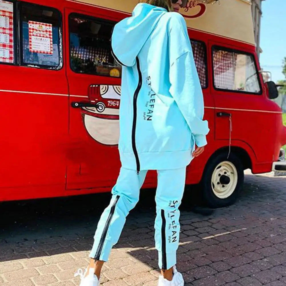 Ladies Casual Two Piece Set Loose Fit Back Zipper Long Hoodie Pant Set Thin Sportswear Pullover Street Wear.