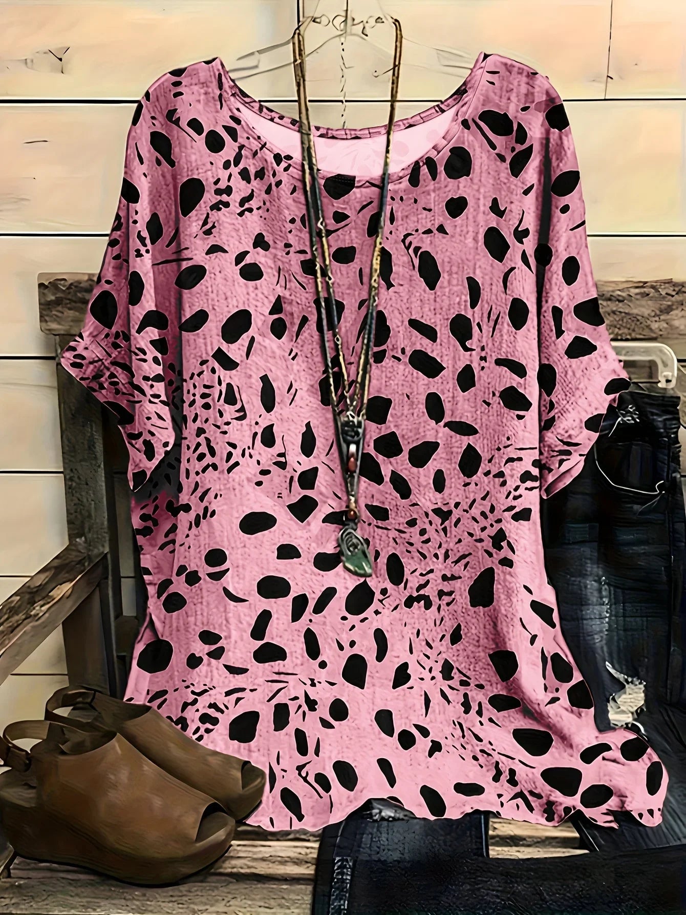 Plus Size 1XL-5XL Women Casual Loose Spot Print Blouse Fashion Vintage Round Neck.