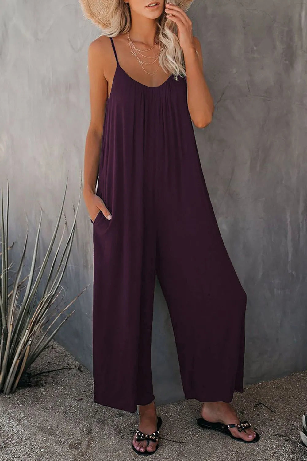 European Women's Summer New Solid Colour Pocket Casual Jumpsuit. S-xxxL