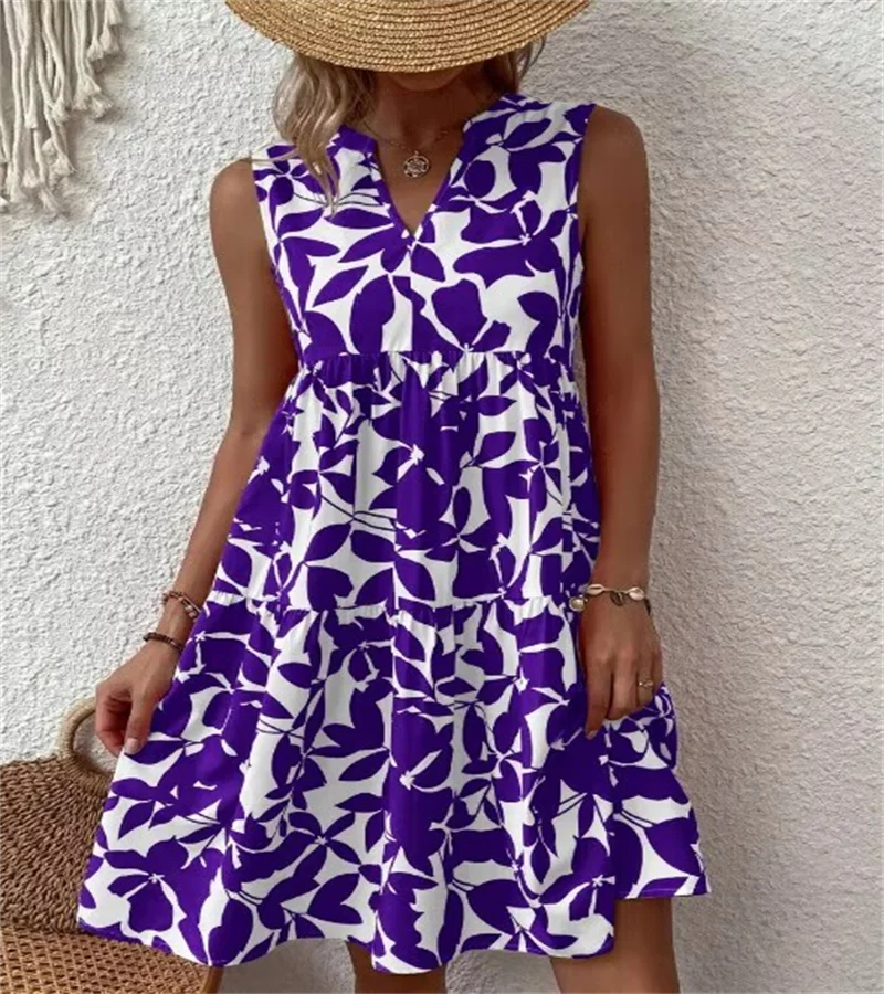 Spring and summer European Ladies Elegant Dress Bohemian fashion loose V-neck ruffle print dress. S-2X