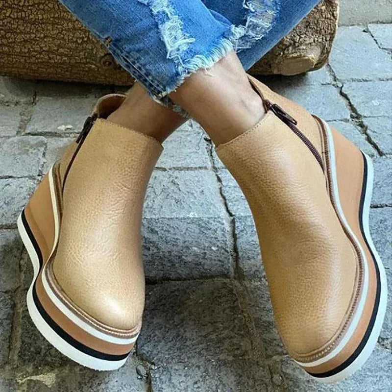 Wedges Women's Ankle Platform Booties Comfortable Zipper Leather Shoes
