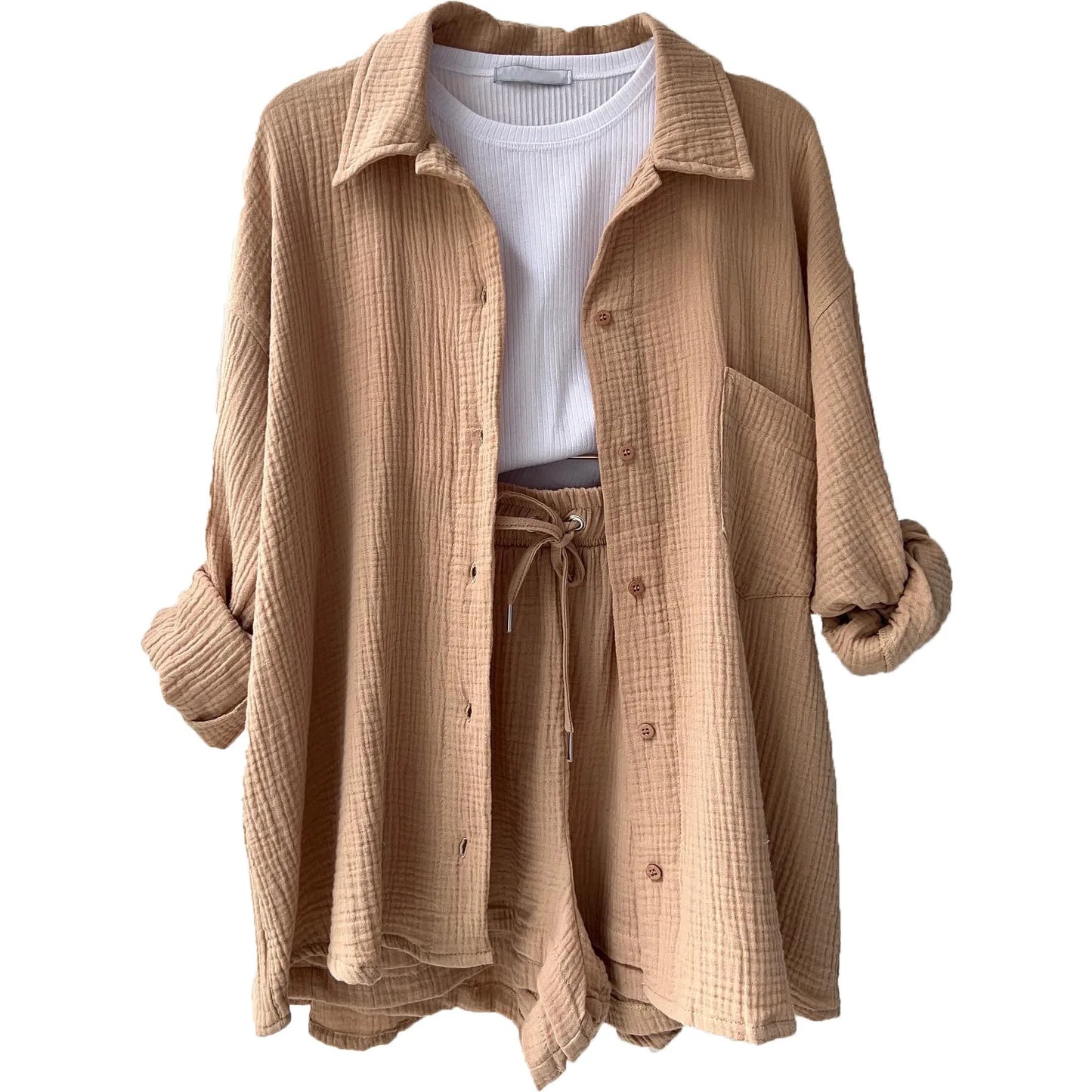 Ladies Shorts And Single Breasted Cardigan Blouse Two Piece Shorts And Loose Button Up. S-2x