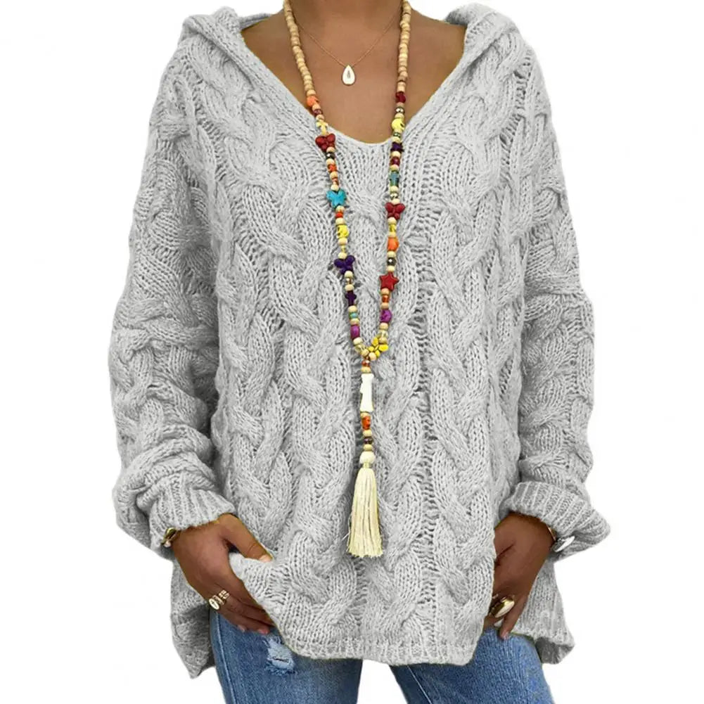 Hooded V-Neck Long Sleeves Twist Knitted Solid Colour Loose Sweater. S-3x