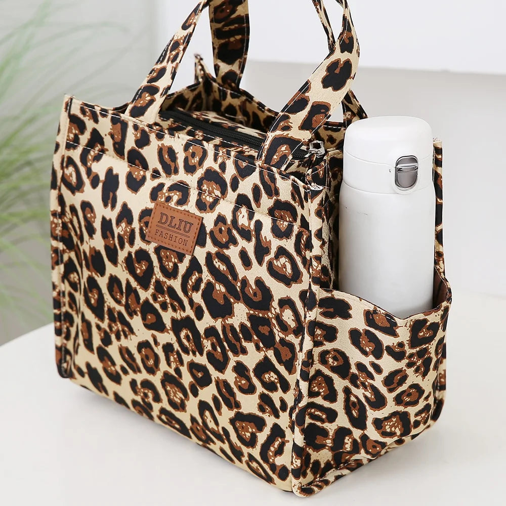 New Retro Leopard Print Large Capacity Lunch Tote Bag with Storage Pouch Commuter Work Handbag Portable Meal Bag