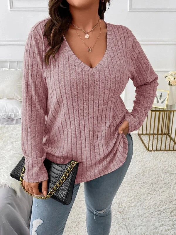 Plus Size Long Sleeve Casual Fashion V Neck Solid Colour Tops