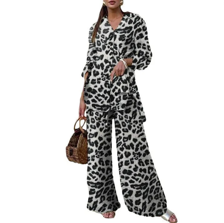 Fashion Leopard Print Women's Suit Two-piece Retro Street Print Casual Loose Long-sleeved V-neck Top Wide-leg Pants Suit. S-3X