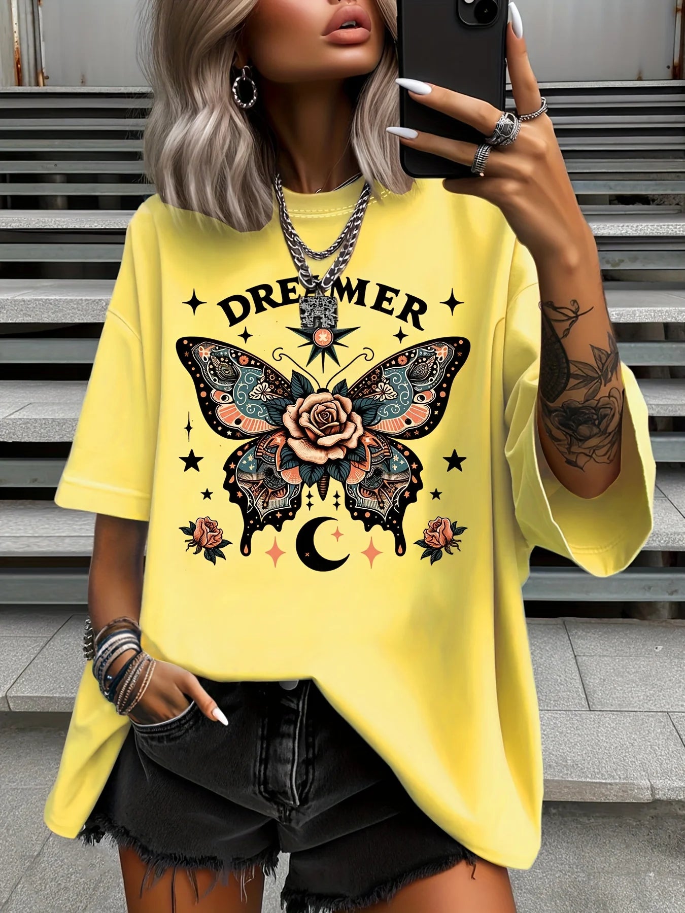 Plus Size Fashion Women's T-Shirt Original Design Butterfly Pattern Printed Casual Round Neck Short Sleeved Top