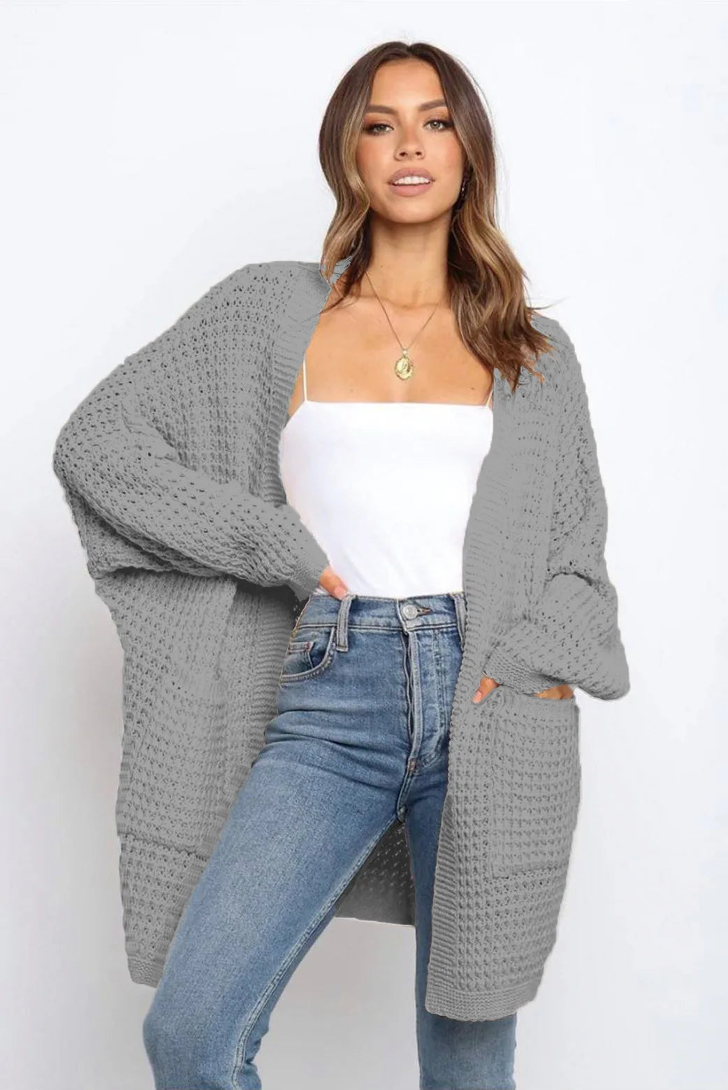 Women's Open Front Cardigan Sweater - Cozy Knitted Jacket with Pockets