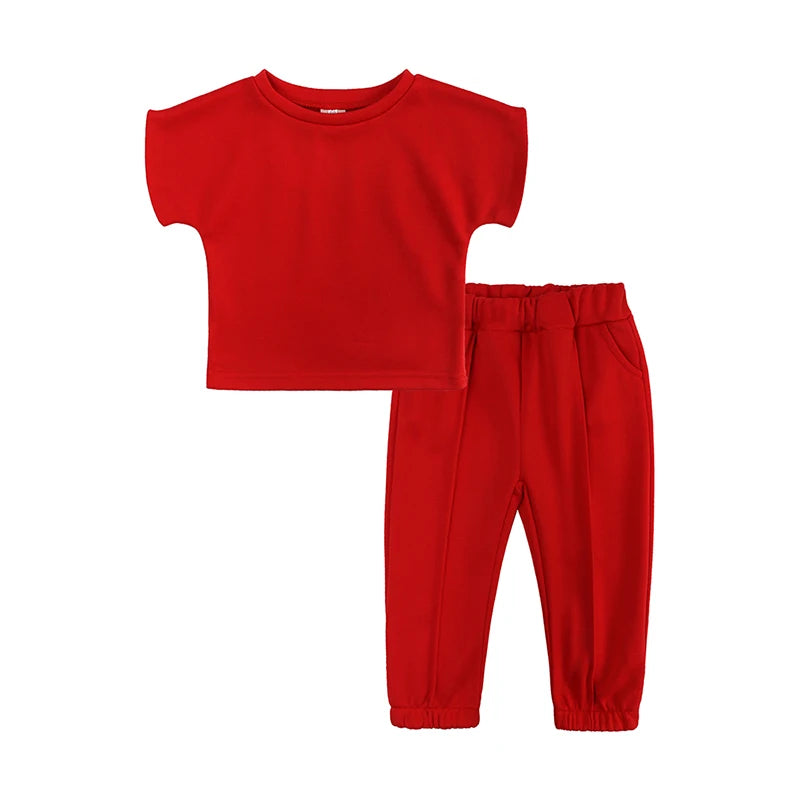Fashion Kids Little Girls Clothing 2 Pieces Sets Cotton Solid Casual T-shirt+Elastic Waist Pants Young .