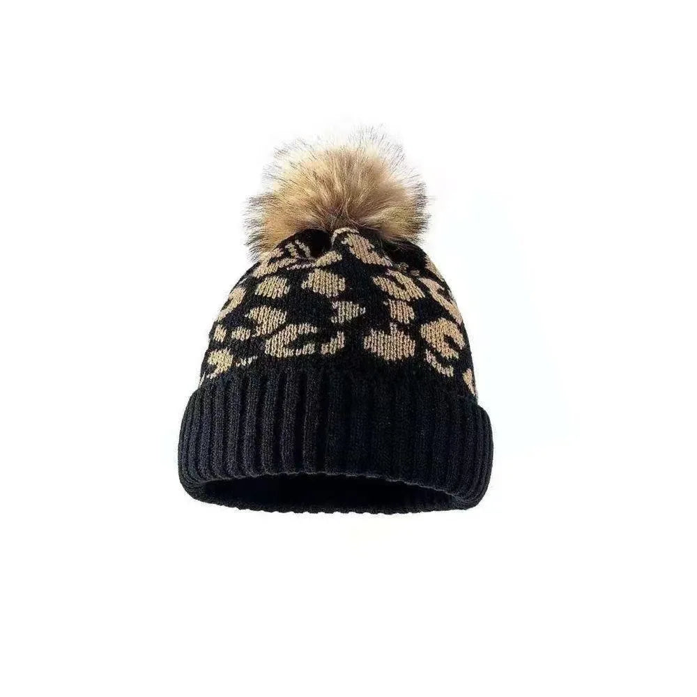Fashion Hat/Beanie Leopard Print Curly Hem Hairball Knitted women's Outdoor Warm Thick men's Hat.
