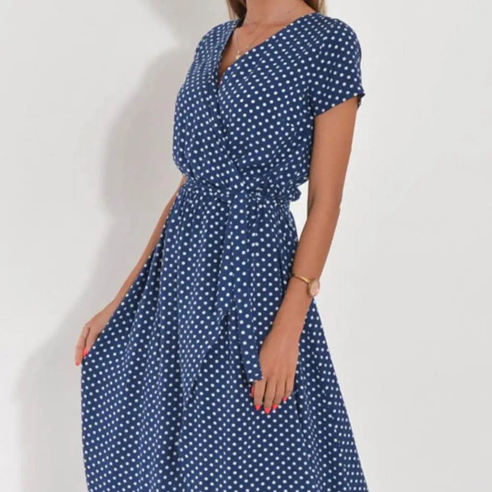 Women Midi Dress V-neck Short Sleeve High Waist Summer Dress. S-XXL