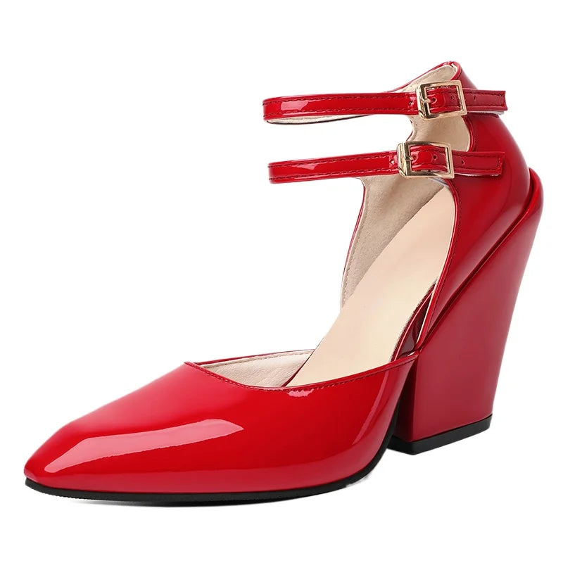 Red Pointed Sandals With Wedge Heel Leather High Heeled Elegant Shoe.