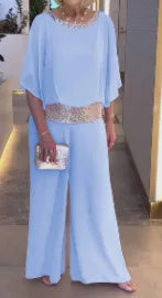 Fashion Sequin Splicing Chiffon Bat Wing Short Sleeved Blouse Wide Leg Pants Elegant 2 Piece Set. S-3xL