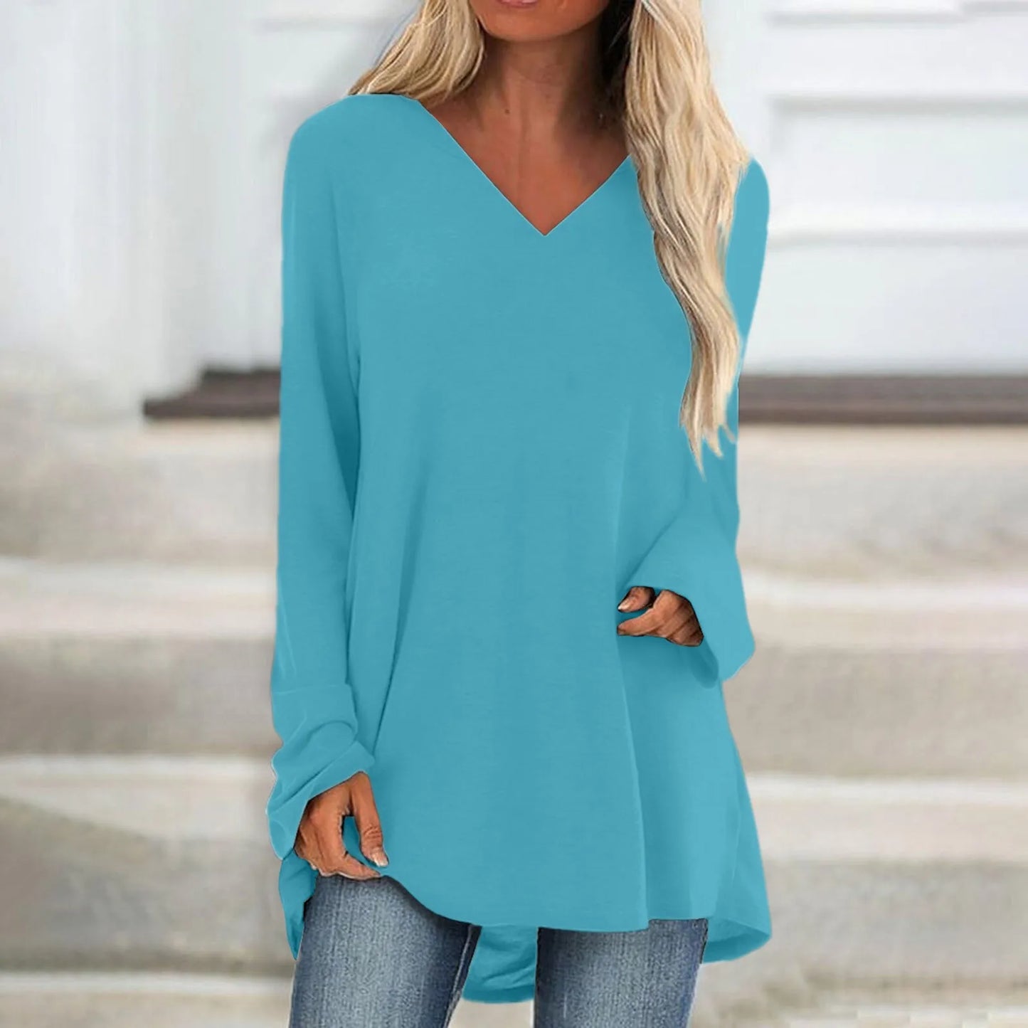 Women's Summer T-shirt Casual Long Sleeve V-Neck Solid Colour Loose Long Blouse/Shirt. S-3xl