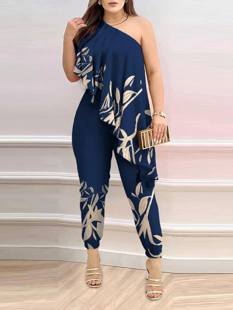 New Pencil Pants Women Summer Printed Fashion Skew Collar Sleeveless Ruffles Jumpsuit. S-2x