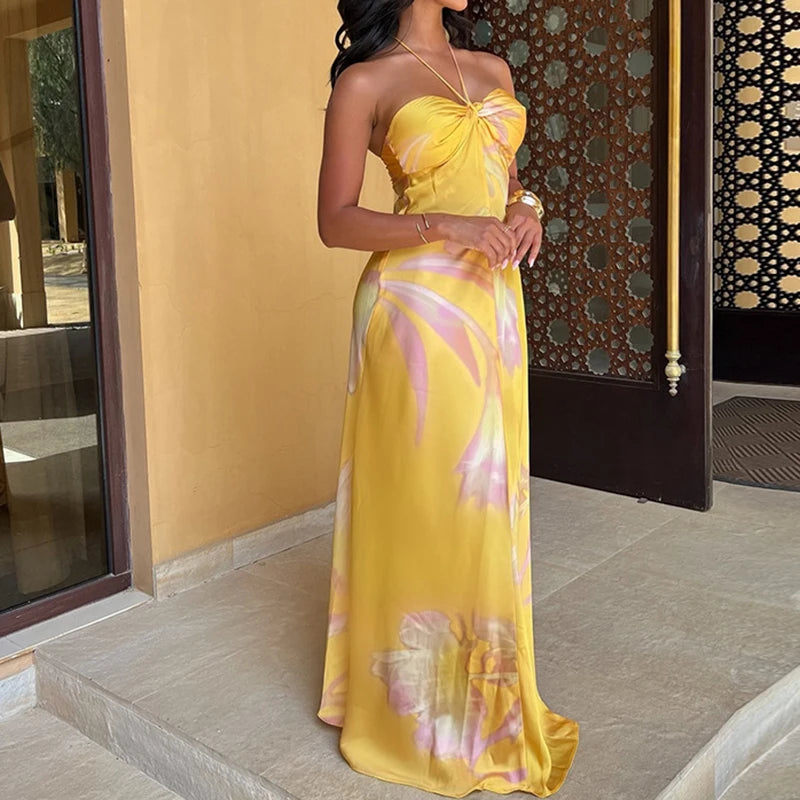 Yellow Printed Halter Satin Women's Dress New Summer Bohemian Sexy Sleeveless Slim Party Long Dress. S-L