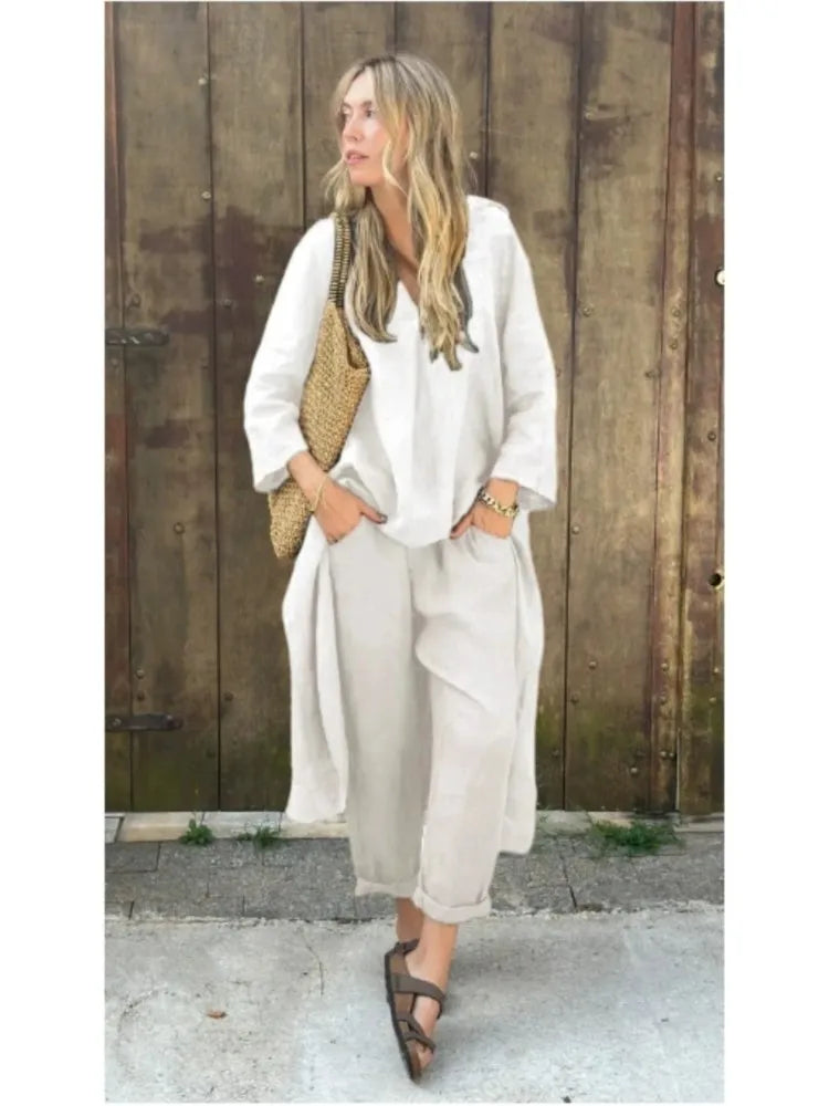 New Women's Pocket V-neck 2-piece Set Solid Loose Casual Women's Clothing Fashion Elegant Two Piece Outfits Woman. S-3X