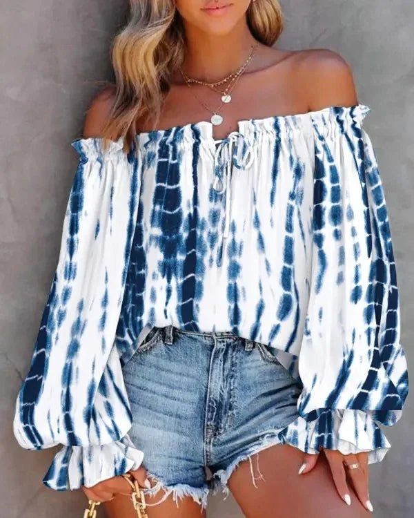 Trendy Print One Shoulder Women Off Shoulder Flared Long Sleeve Blouse. S-2X