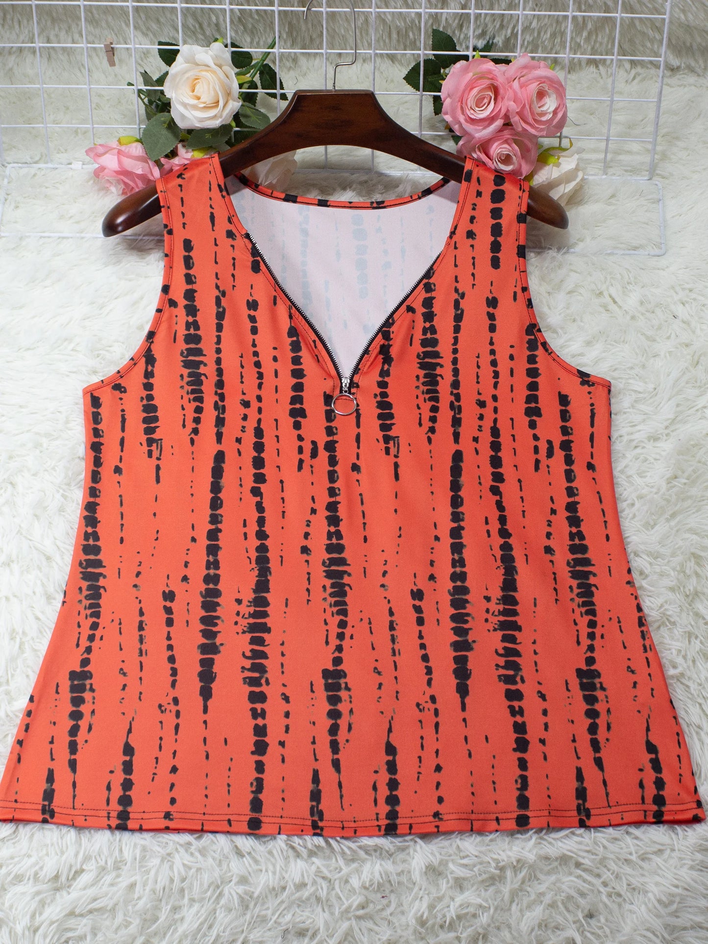 Plus Size Women's Print V-Neck Zipper Elegant Loose Fit Top for Casual Fashion