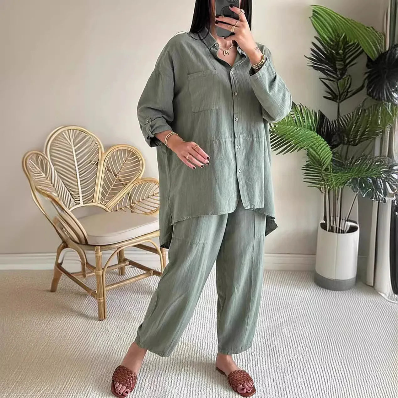 Women's Elegant Cotton Hemp Single Breasted Loose Fit Wide Leg Pants Two Piece Set. Sz: S-xxL