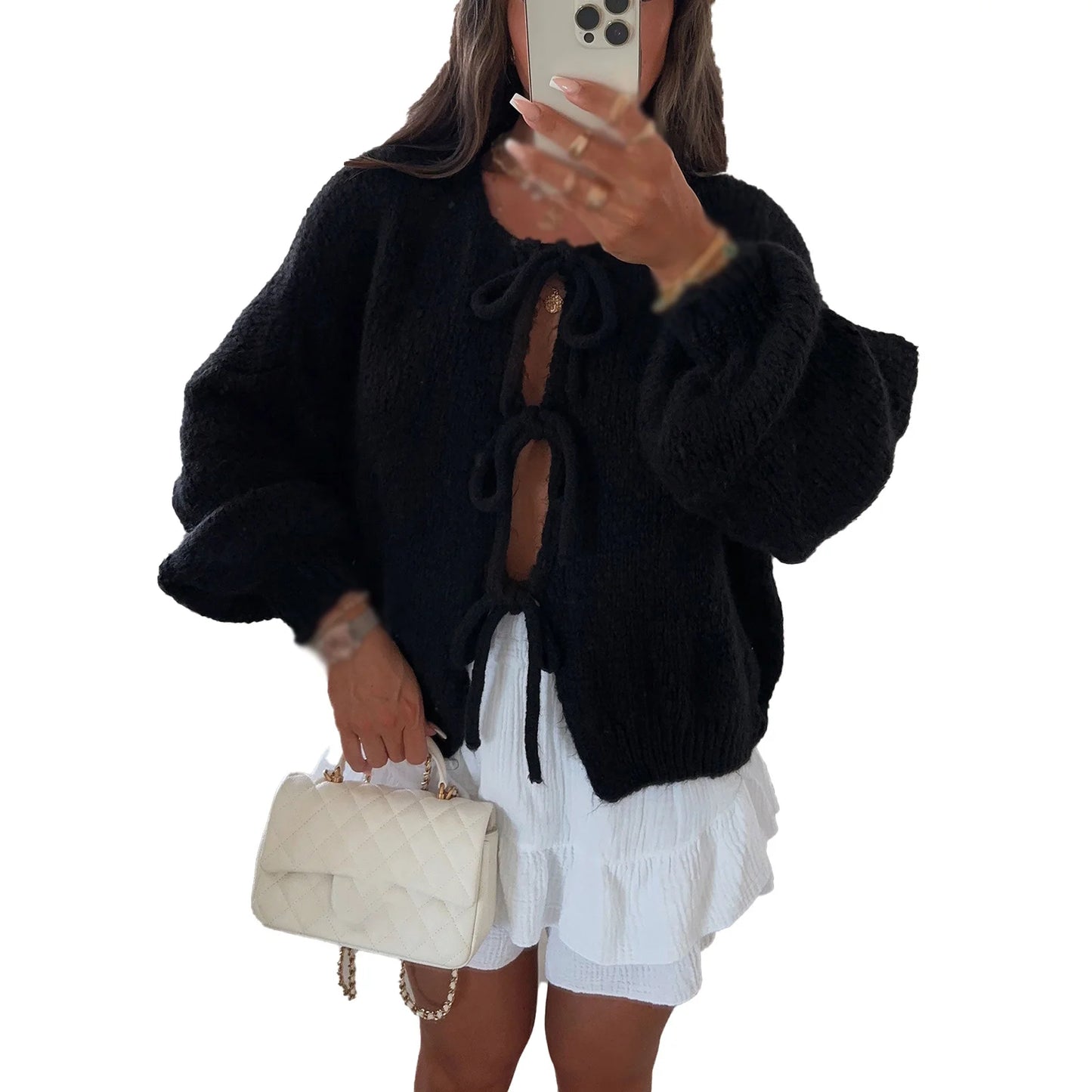 Knitwear Lace-Up Hollow Out Cardigan Fashion.