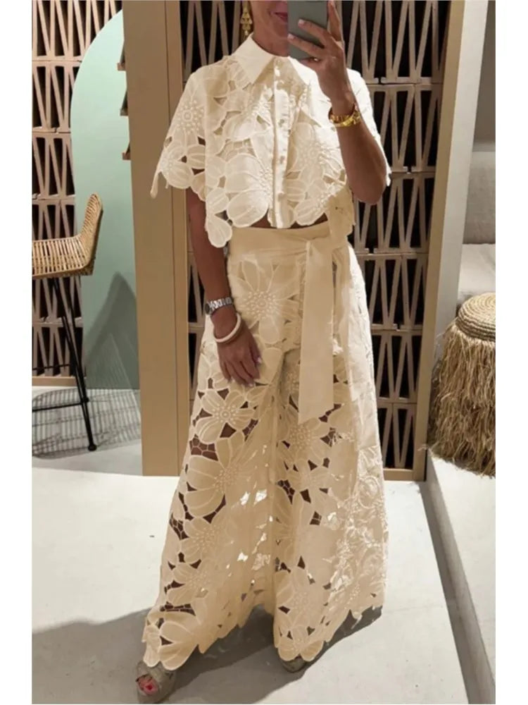Sexy Lapel Single-breasted Shirt Top + Wide-leg Pants 2-piece Set Women. S-3x