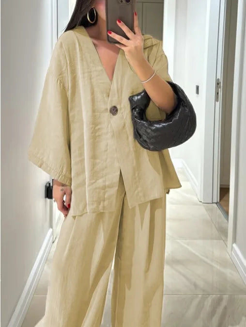 Spring Summer Fashion Cotton Blend Two Piece Set Causal Loose Top Wide Leg Pants 2 Piece Outfit. S-3X
