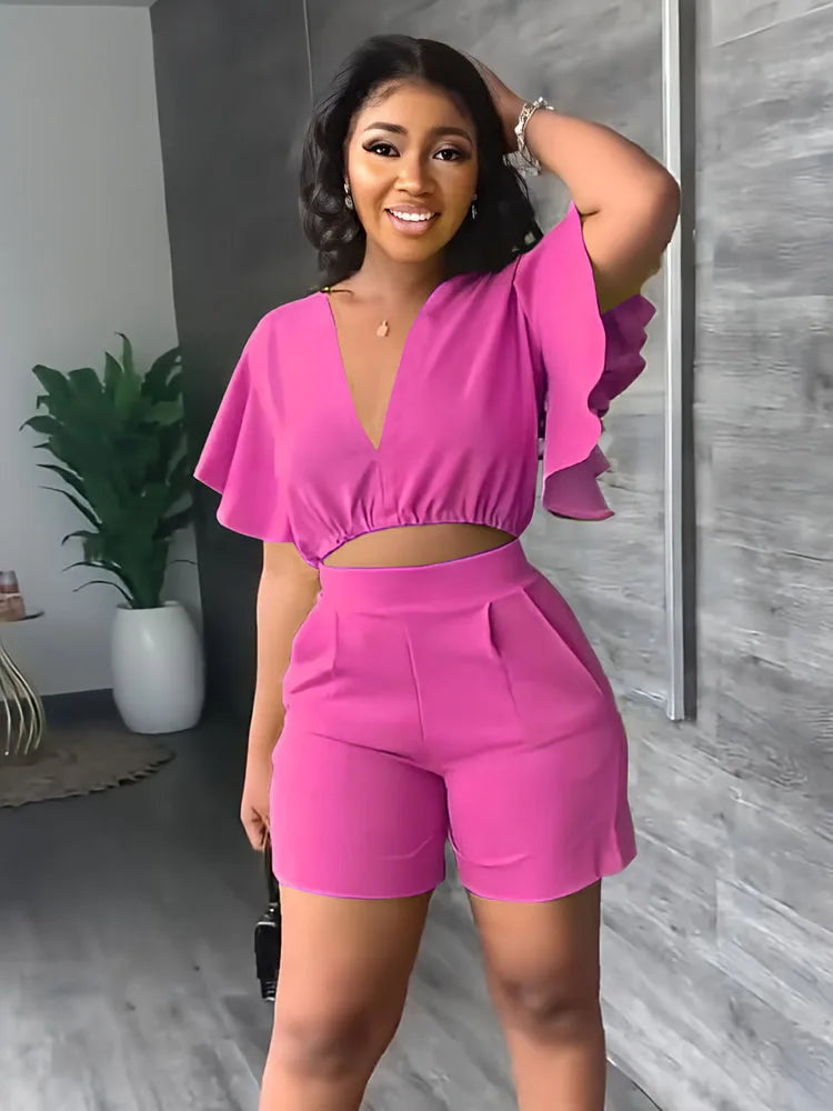 Summer V Neck Short Top And Shorts Set Set, Solid Colour Fashion Short Sleeved Casual Set. S-2x