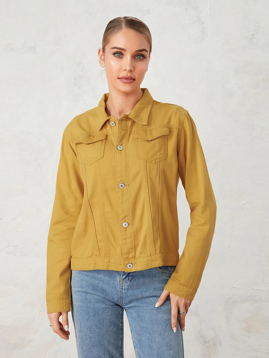 Denim Jacket For Women Solid Colour Casual Long Sleeve Button Down Chest Pocket Jean Jacket. S-2x