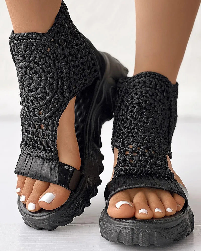 Women Braided Geometric Wedge Sandals Knitted Elastic Summer Mesh Flat Sandals