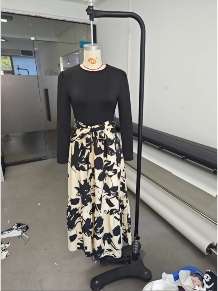 Women's Floral Print A-Line Dress - Long Sleeve Color Block Party Dress S-2X