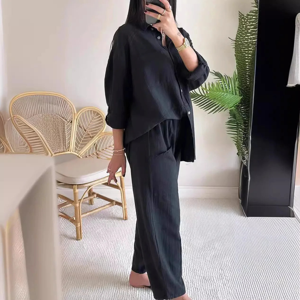 Women's Elegant Cotton Hemp Single Breasted Loose Fit Wide Leg Pants Two Piece Set. Sz: S-xxL