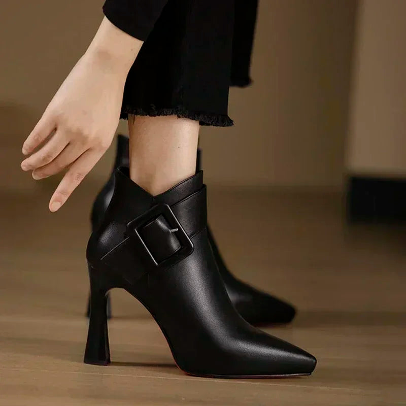 Women's Elegant Heel Ankle Boots Belt Buckle Pu Leather Short Boots