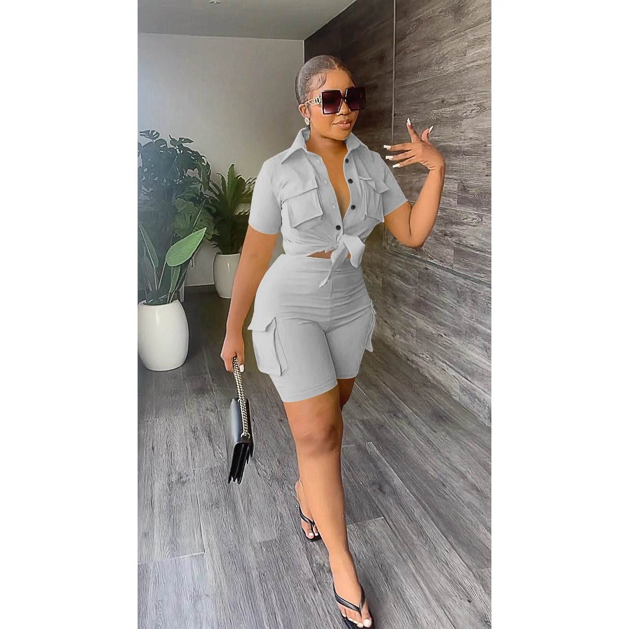 Ladies Two Piece Set For Summer, Pockets Short Sleeve Button-Up Shirt And Short Set. S-2x