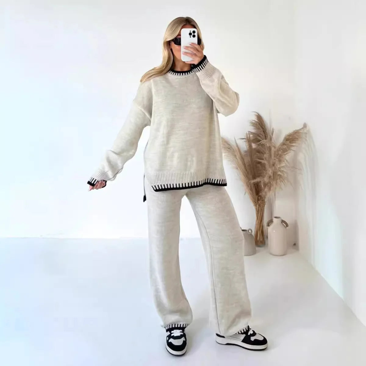 Ladies Knitted 2 Piece Set Casual Loose O Neck Pullover Top Wide Leg Pants. S-2x