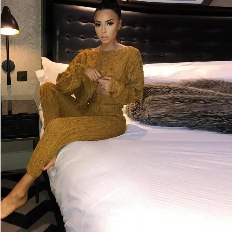 Ladies Comfy Two Piece Set Autumn and Winter Wear Pant Suit Solid Casual Knitted Sweater Set. S-3x