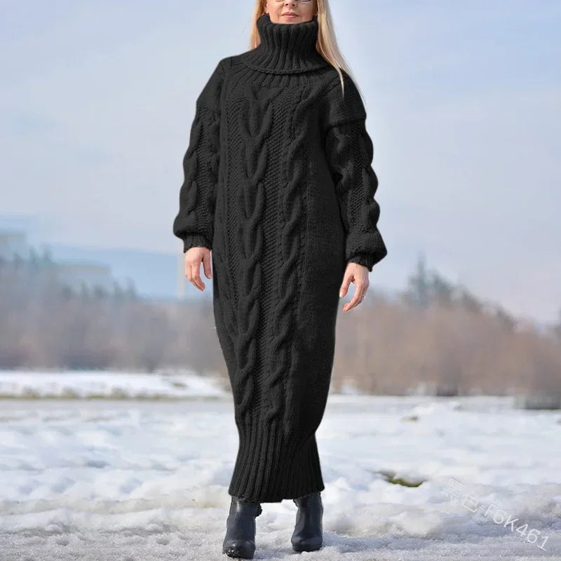 2025 Autumn Winter Solid Colour Turtleneck Pullover Twisted Loose Knitted Sweater Long Sweater Dress for Women. S-5X