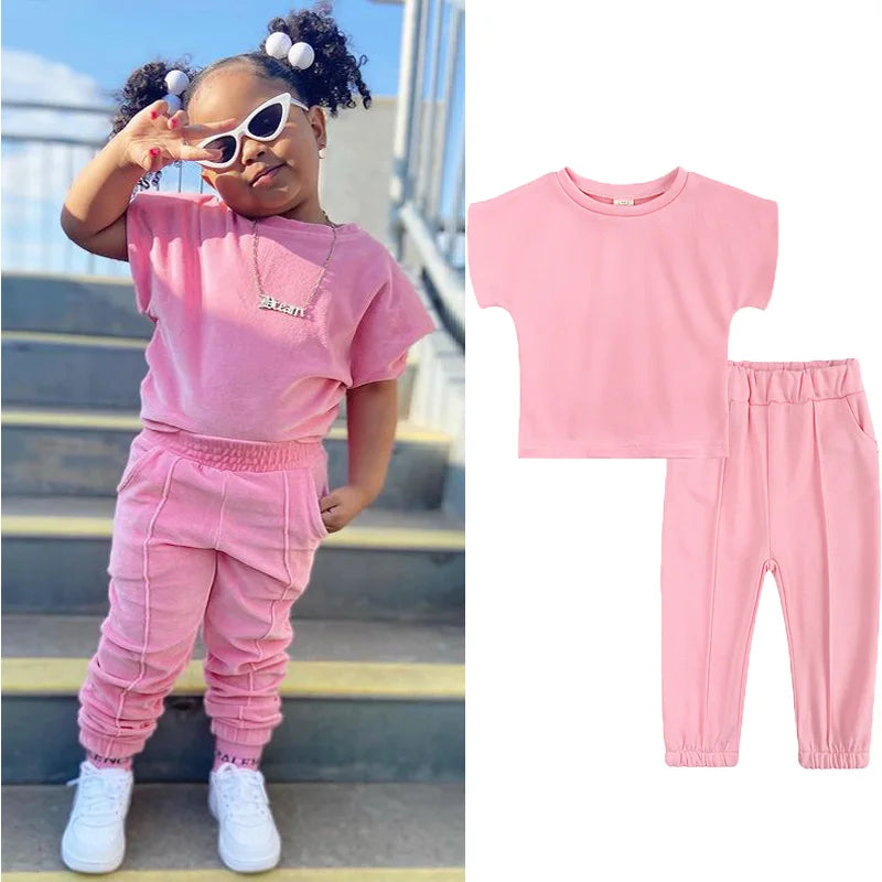 Fashion Kids Little Girls Clothing 2 Pieces Sets Cotton Solid Casual T-shirt+Elastic Waist Pants Young .
