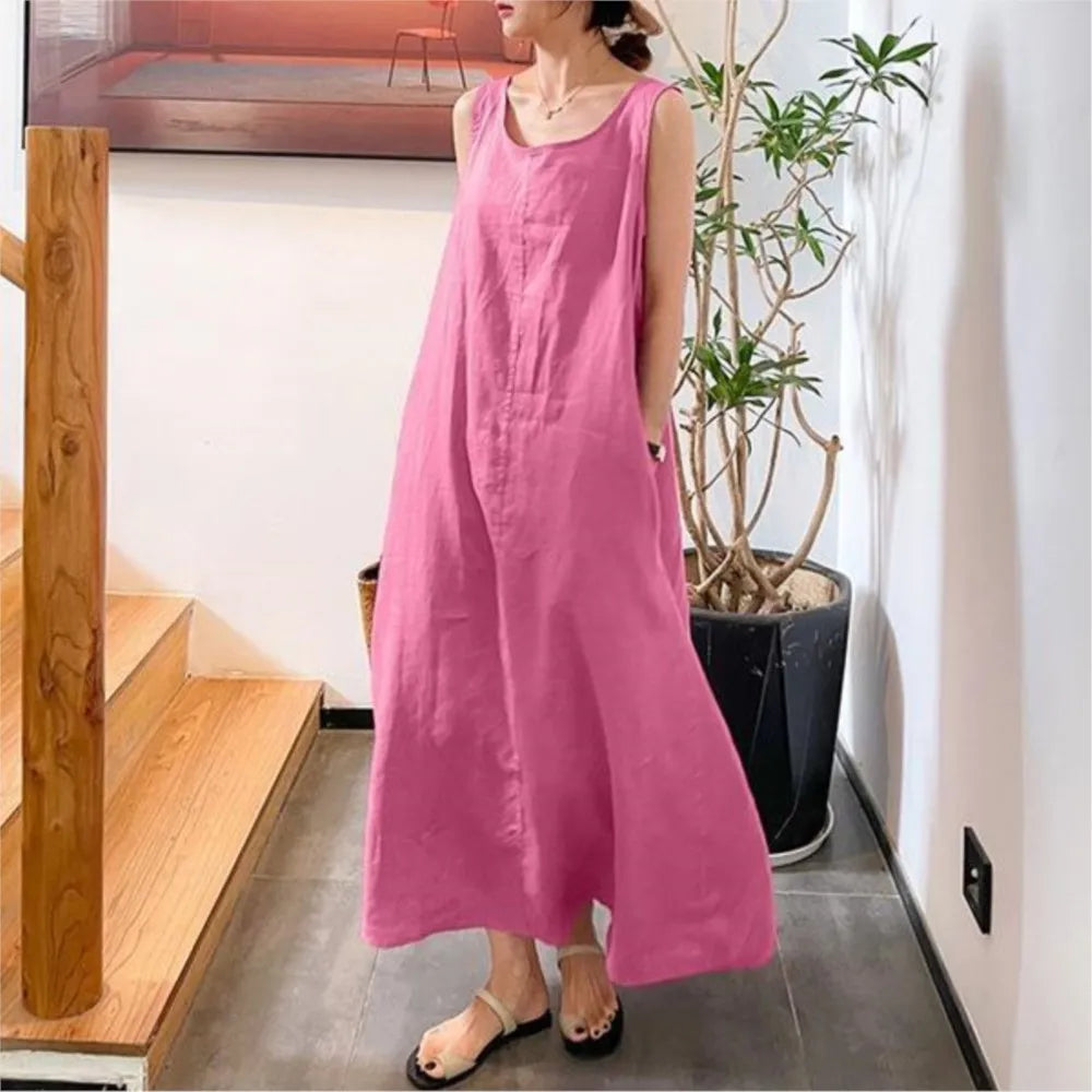 Fashion Cotton And Linen Simple Women's Long Dress Summer Casual Loose Pocket O-neck Elegant Women's Sundress. S-4X
