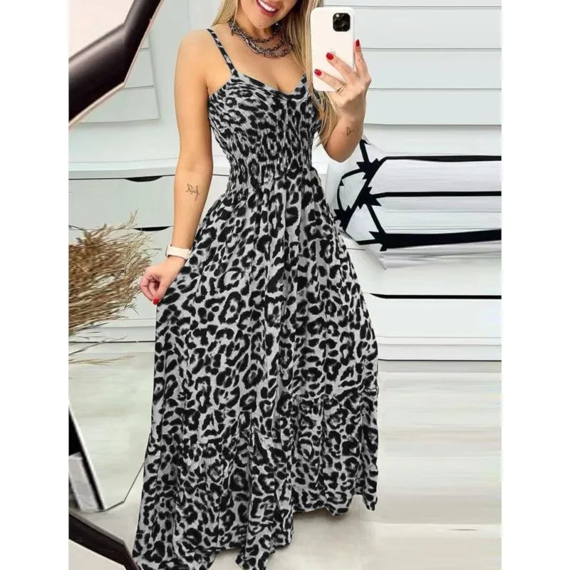 Women's Fashion Leopard Print Sexy Long Sling Summer Dress. S-3X