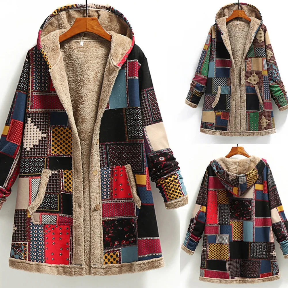 Women's Long Plush Jacket with Cotton and Linen Print Hooded for Warmth, Winter New Style. S-3X