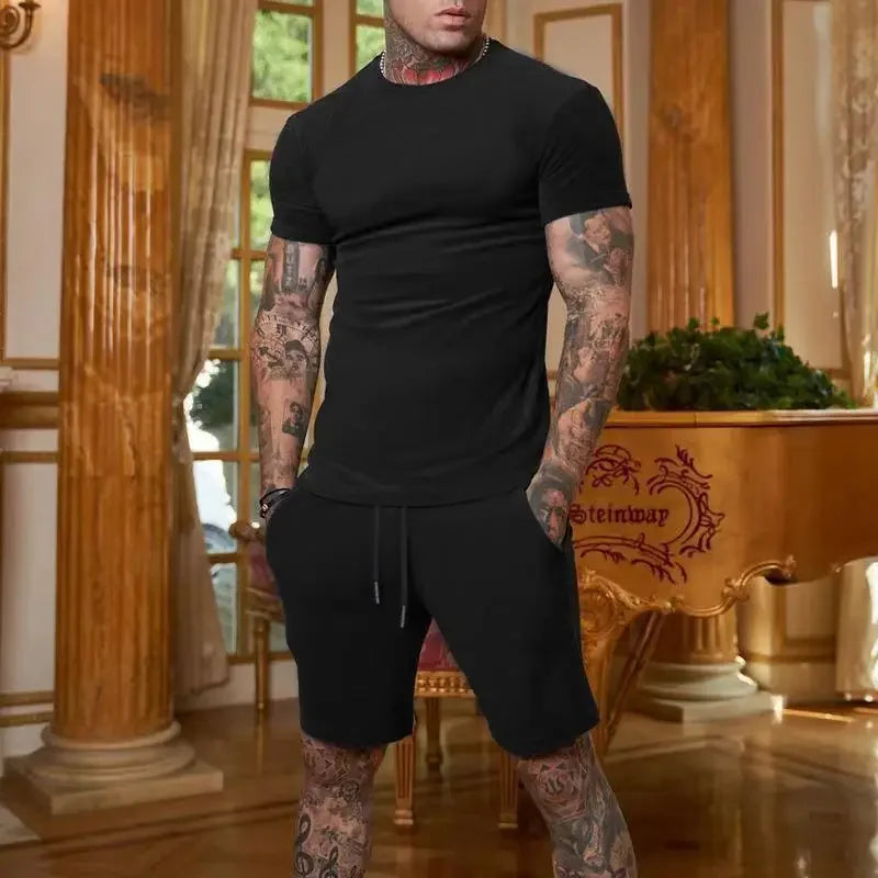 Fashionable and casual summer men's breathable T-shirt and short two-piece set. Sz: S-3X