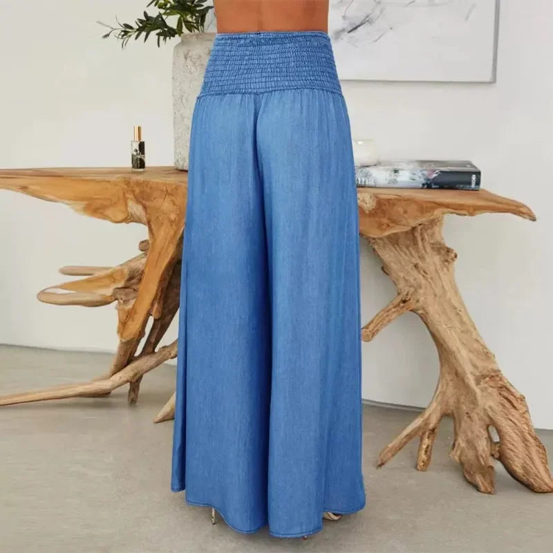 Spring Summer New Women's Clothing Light Blue High Waist Smocking Wide Leg Jeans. S-XL