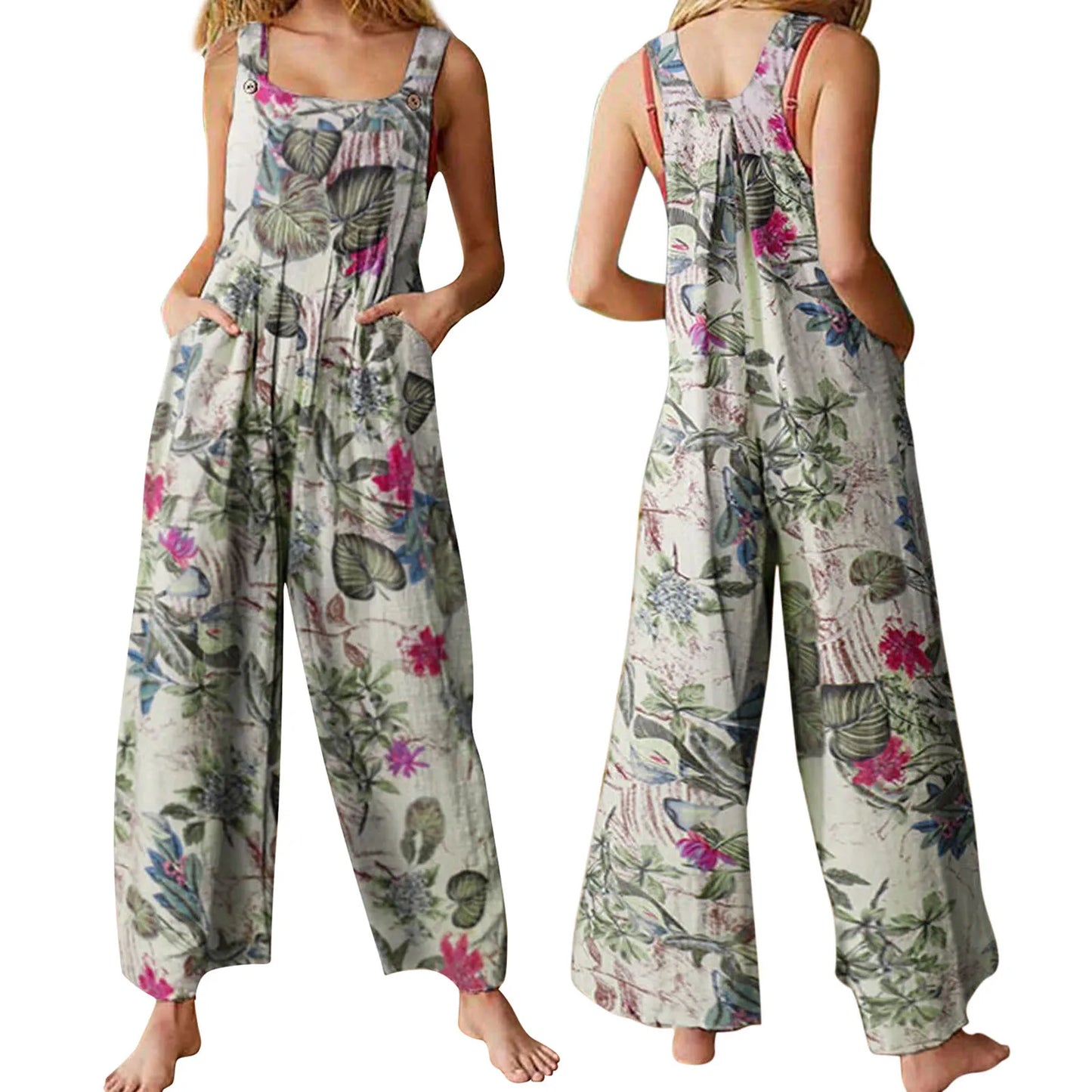 Ladies Vintage Leaf Floral Print Square Neck Sleeveless with Pockets Sizes S-5XL