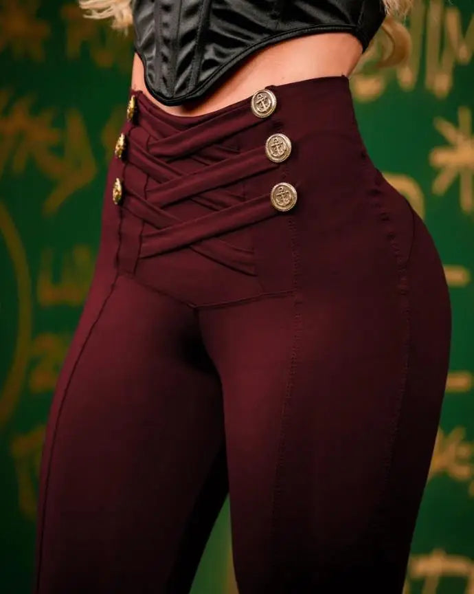 Ladies High Waist Pants 2025 Button Decoration Solid Colour Elegant Hip Lifting Skinny Pants
