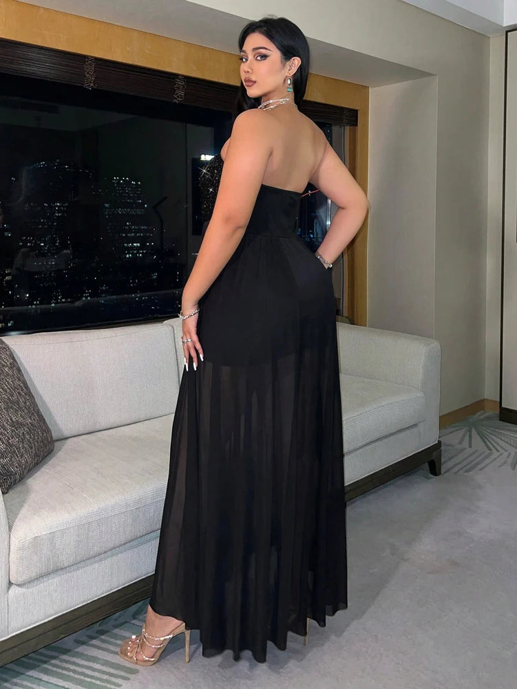 Plus Size Fashion Sexy Sheath Sequins Mesh Slit Elegant 2025 Summer New Cocktail Dress