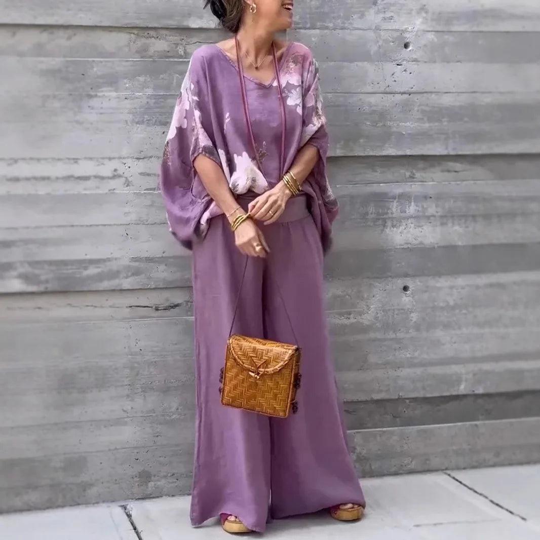 Casual Two Piece Women Spring and Summer Flower Print Short Sleeve Shirt Wide leg Trousers Fashion Suit. S-3XL