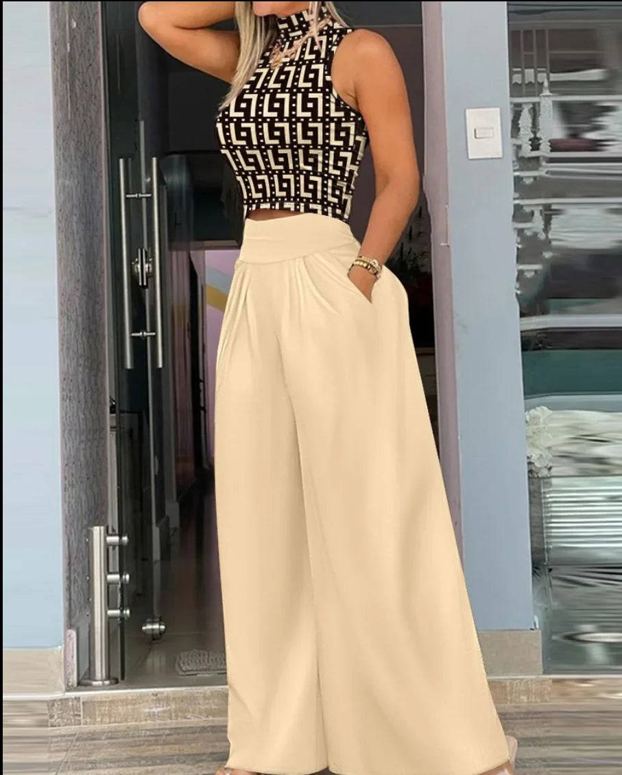 Ladies Elegant Two Piece Pant Set Sleeveless Turtleneck Top Pockets High Waist Wide Leg Pants. S-3x